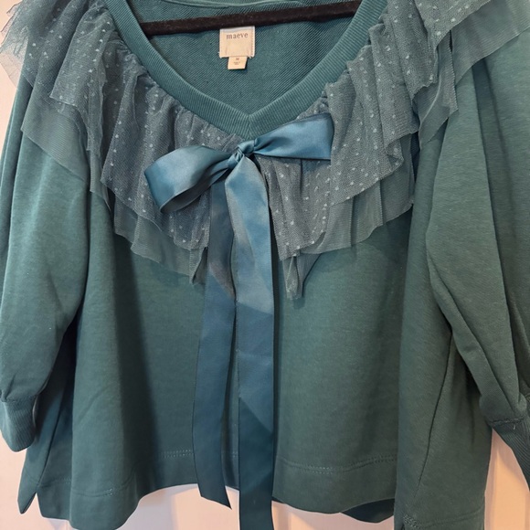 Anthropologie Maeve Green Teal V-Neck Bow Tulle Sweater Women’s Size Medium - Picture 5 of 13